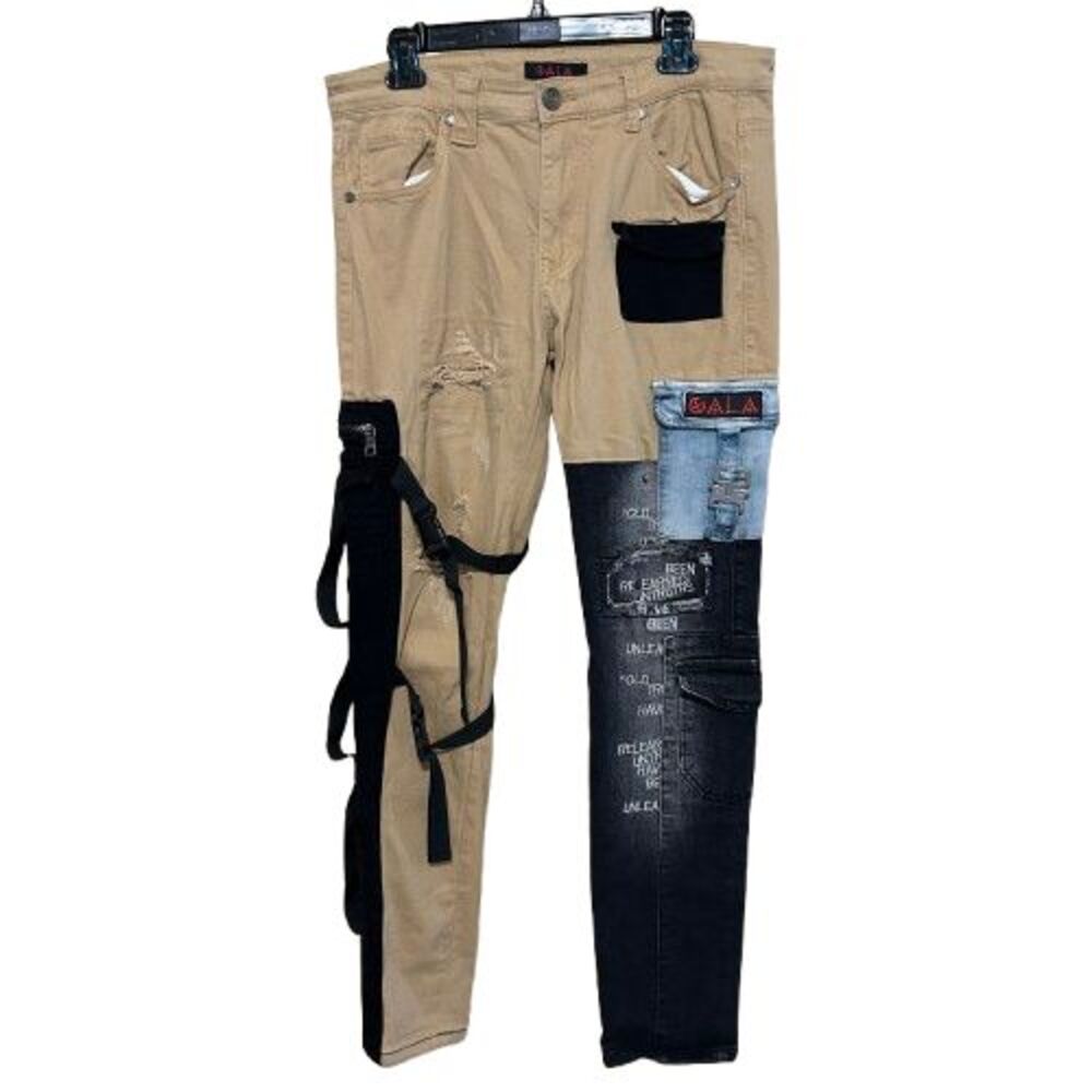 Gala Original Tactical Denim Distressed Cargo Denim Jeans Mens 34 Black & Tan